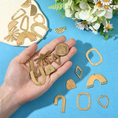 SUNNYCLUE 1 Box 24Pcs 12 Styles Filigree Jewelry Charms Jewelry Connector Link Charms Gold Brass Hollow Heart Rhombus Arch Sun Vintage Joiners Links Findings for Jewelry Necklaces Bracelets DIY Crafts