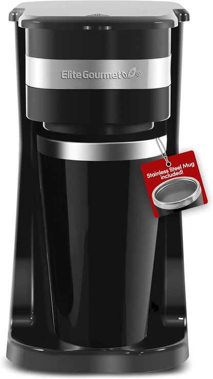 Elite Gourmet EHC113 Personal Single-Serve Compact Coffee Maker, 14Oz Stainless Steel Interior Thermal Travel Mug