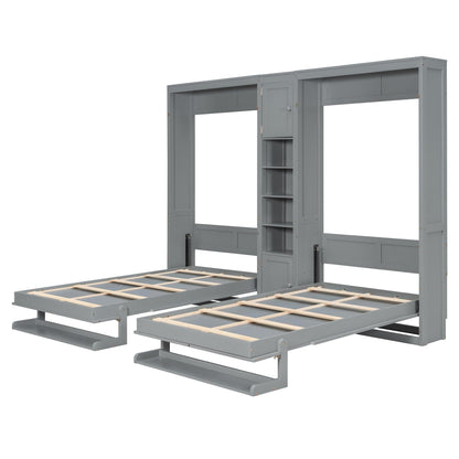 Merax Twin Murphy Bed with Storage Cabinets and Shelves, Dual Twin Wall Bed with Convertible Shelf Legs, Space Saving Foldable Bed for Small Rooms, Guest Room, Gray