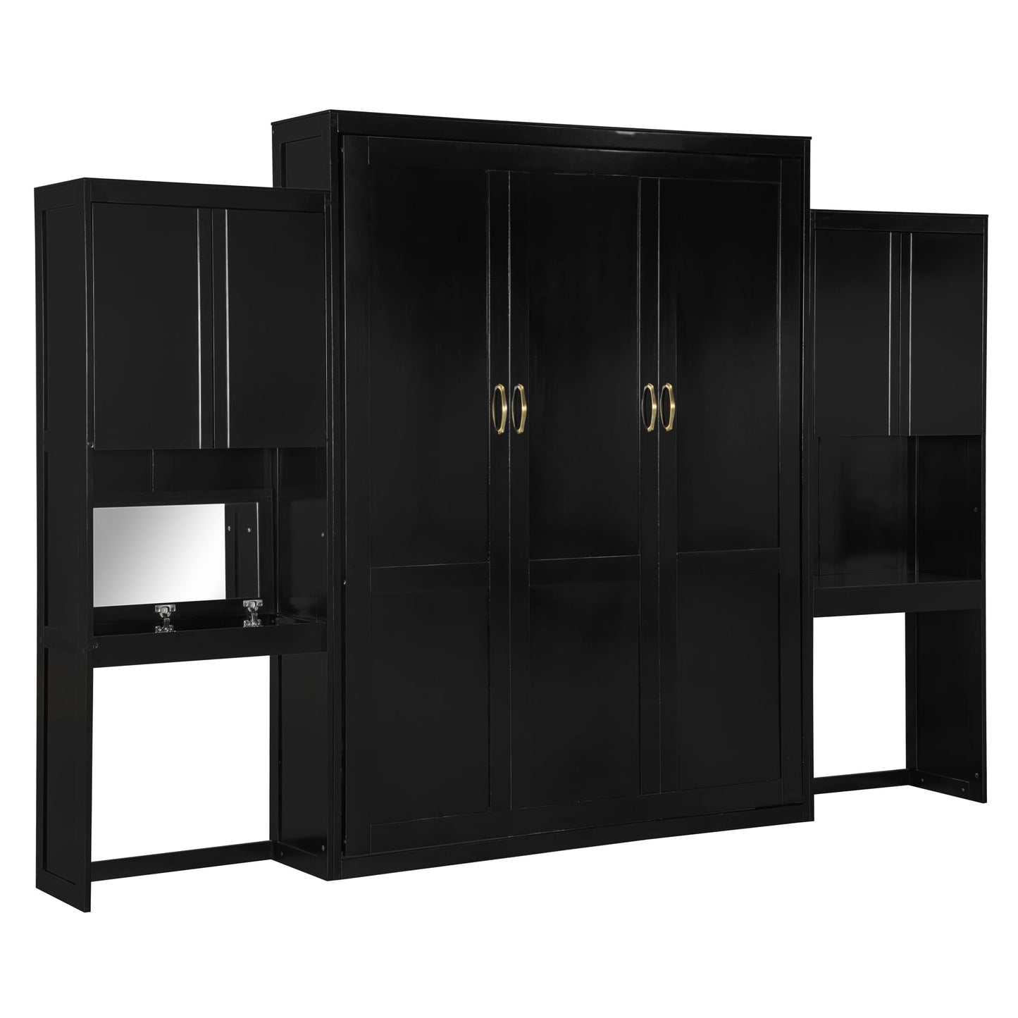 Ball & Cast Murphy Bed Queen Size,Wood Storage Hide Cabinet Wall Beds with Desk and Vanity,Space-Saving Bedroom Furniture w/Cabinets & Mirror,can be Folded for Home Office,Study,Guest Room,Espresso