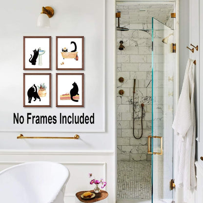 LHIUEM Black Cat Bathroom Decor, Funny Wall Art Set of 4, 8"X10", Unframed, Kitten Pictures