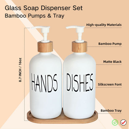 Glass Soap Dispenser Set - Hand Soap and Dish Soap Dispenser with Bamboo Tray. Vintage Soap Dispenser with Pump for KitchenKitchen Drain Outlet and Bathroom. Stylish Permanent Labels (Matte White)