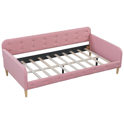 Bellemave Twin Upholstered Daybed with 4 Support Legs, Corner Bed, Upholstered Bedframe for Kids,Teens,Adults, Pink (Linen)