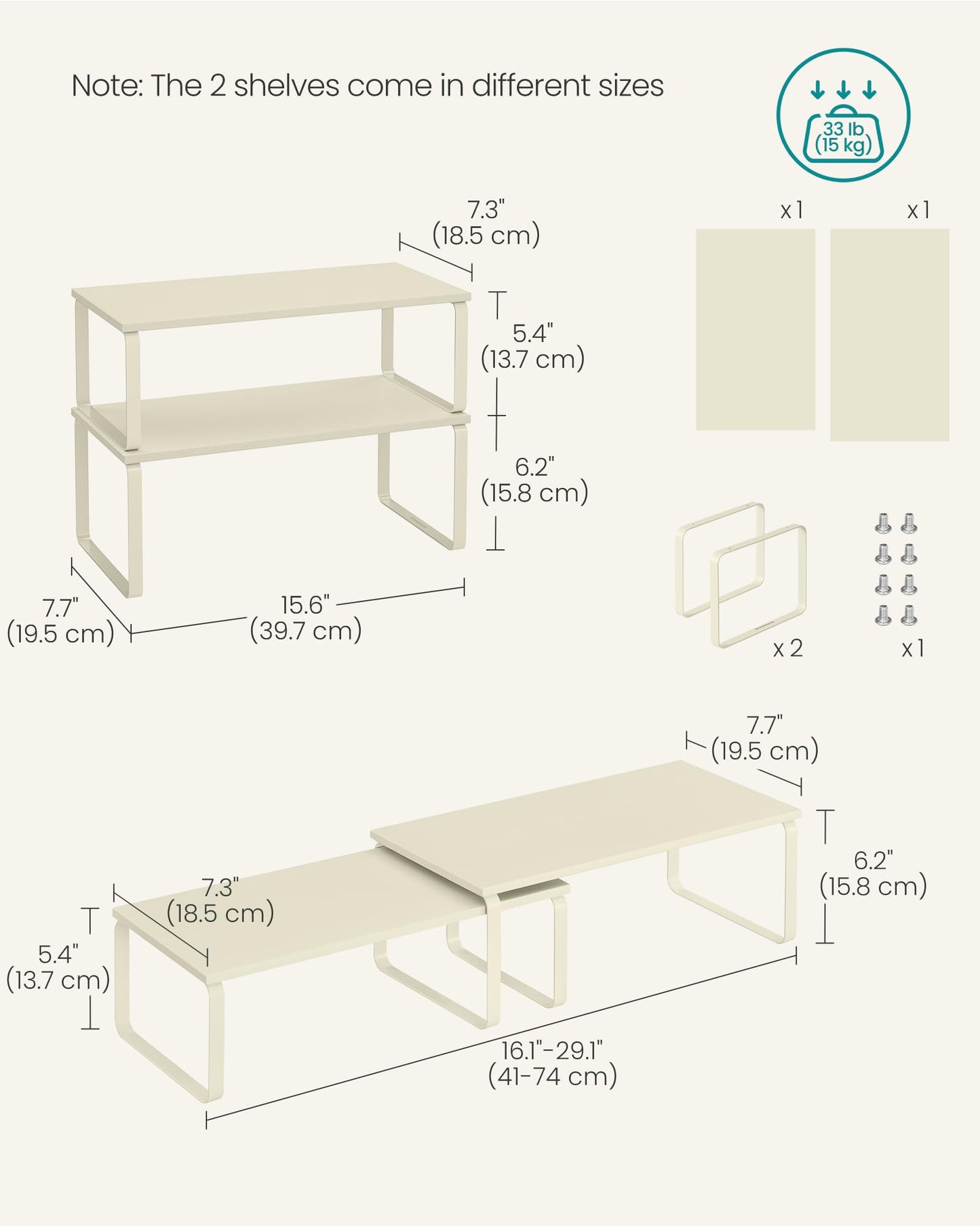 SONGMICS Cabinet Organizer Shelf, Set of 2 Kitchen Counter Shelves, Kitchen Storage, Spice Rack, Stackable, Expandable, Metal and Engineered Wood, Ink Black and Natural Beige UKCS02NB
