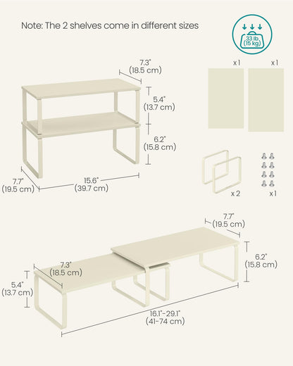 SONGMICS Cabinet Organizer Shelf, Set of 2 Kitchen Counter Shelves, Kitchen Storage, Spice Rack, Stackable, Expandable, Metal and Engineered Wood, Ink Black and Natural Beige UKCS02NB