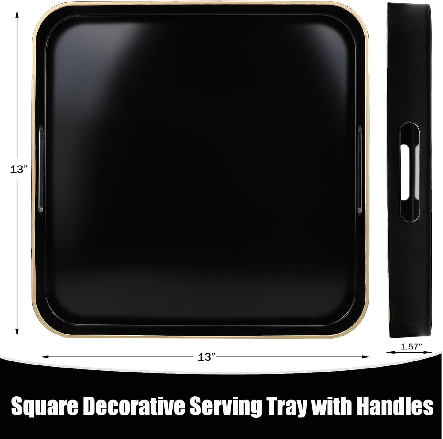 13"*13" Black Square Decorative Tray with Handles, Versatile Serving Tray for Coffee Table, Ottoman, Ideal for Serving