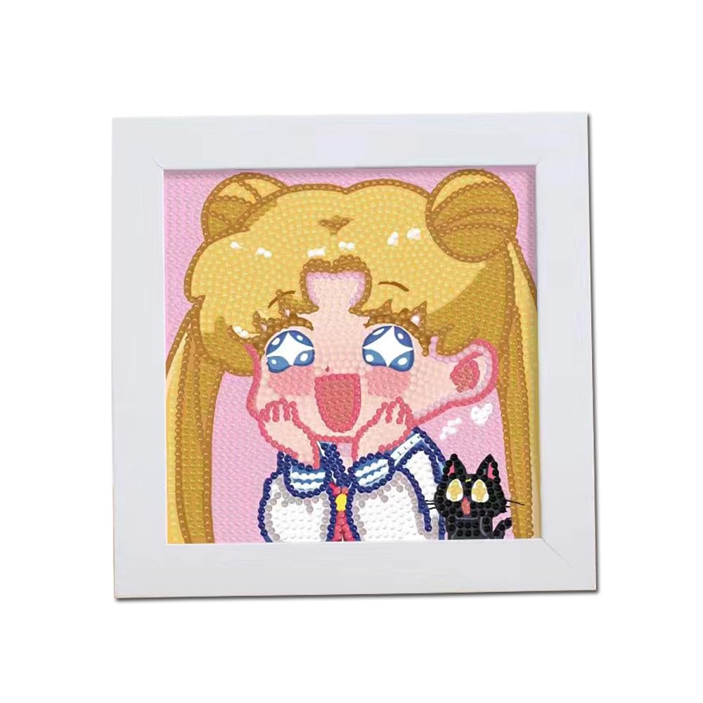 PERFECTSIGHT Cute 5D Diamond Art Kits with Wooden Frame, Kawaii DIY Painting Art for Adults Teen, Diamond Arts and Crafts Sets, Big Gem Full Drill Diamond Dots for Women Beginners (Moon)