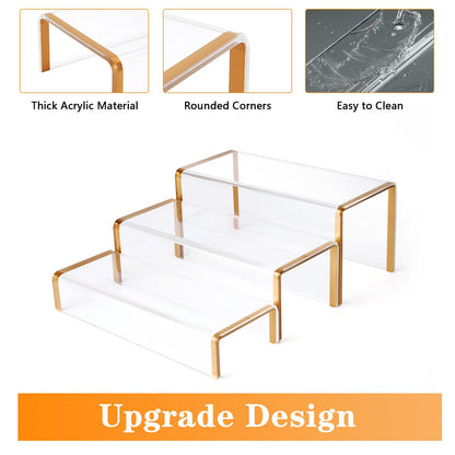 Purse Display Stand, 6mm Thick Clear Acrylic Risers Display Stands, Gold Shoe Display Riser, 3 Pack Luxury Handbag Bag Wallet Shoes Jewelry Perfume Display Showcase for Closet Retail Vendor Store