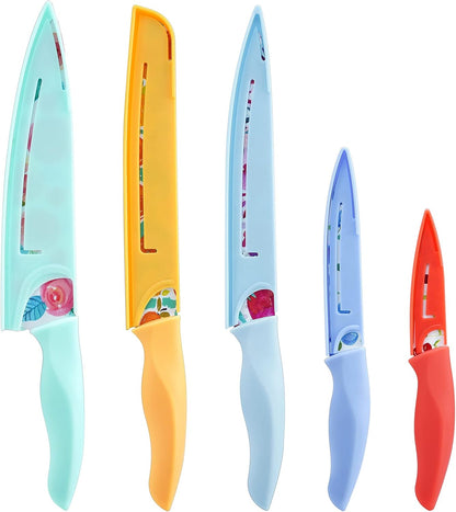 G.a HOMEFAVOR 5-Piece Kitchen Knife Set, Nonstick Coated with 5 Blade Guards, Multicolored