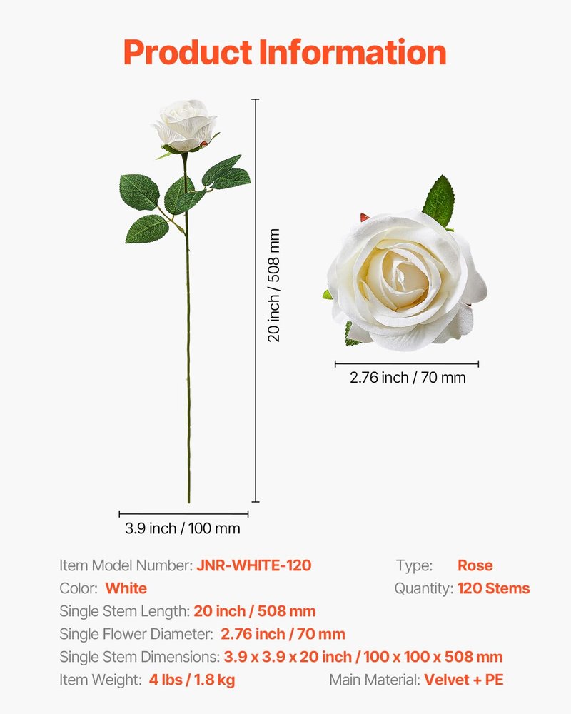 VEVOR Artificial Flowers, 120 pcs Real Looking White Foam Fake Roses Bulk, White Faux Bridal Shower with Stems for DIY Wedding Bouquets, Home Centerpieces Arrangements, Party Tables Decorations