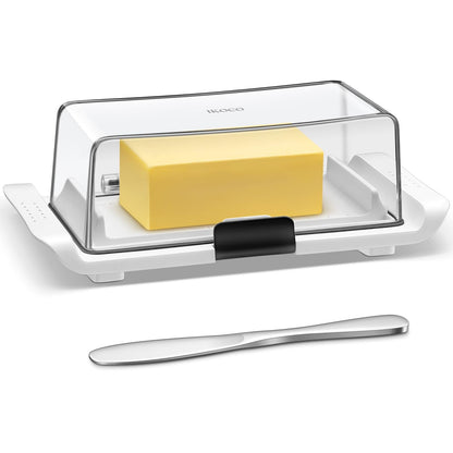 Butter Dish with Lid, IKOCO Large Butter Dish with Knife for Countertop and Refrigerator, Plastic Butter Holder Container Tray for 2 Sticks Butter, White