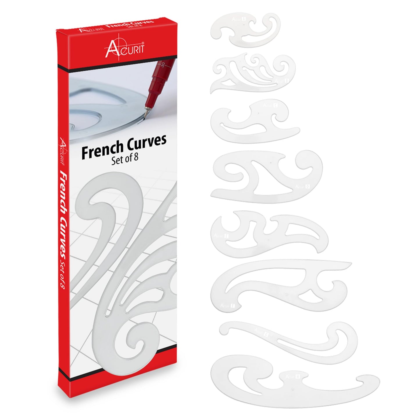Acurit French Curve Set of 8 – Clear Plastic Drawing Templates for Sewing, Pattern Making, Drafting, Fashion Design, Architecture, Graphic Illustration – Smudge-Free Inking Edges