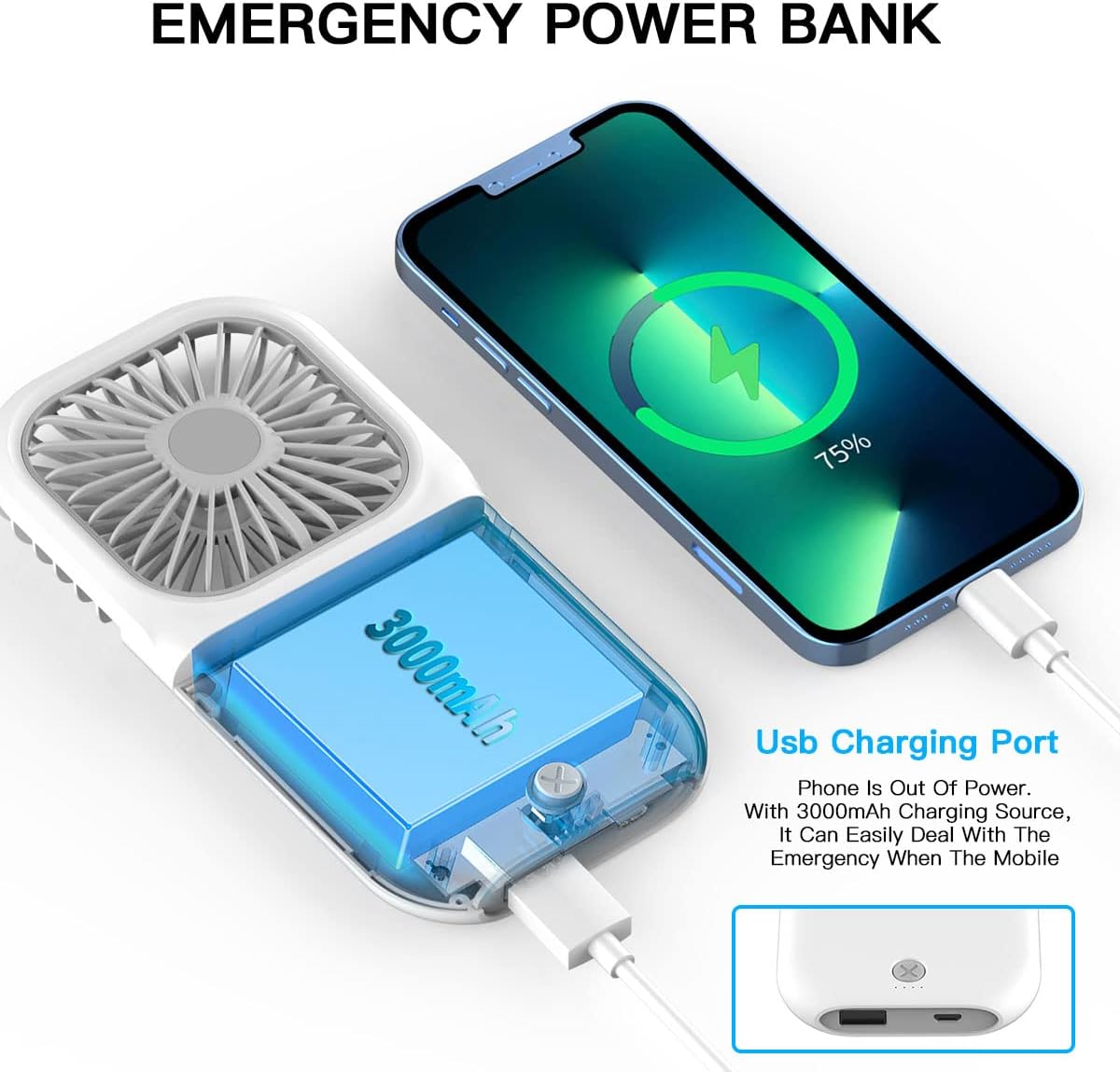 AICase Handheld Portable Mini Fan, 3000mAh USB Rechargeable, 3 Speed Adjustable, Neck Lanyard