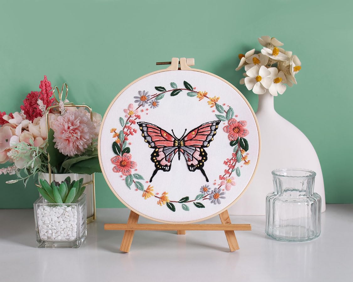 Mozzyyee 3 Sets Embroidery Starter Kit for Beginners Adults Include 3 Embroidery Clothes with Instructions Hoops Floss Thread Fabric Needles (Butterfly)