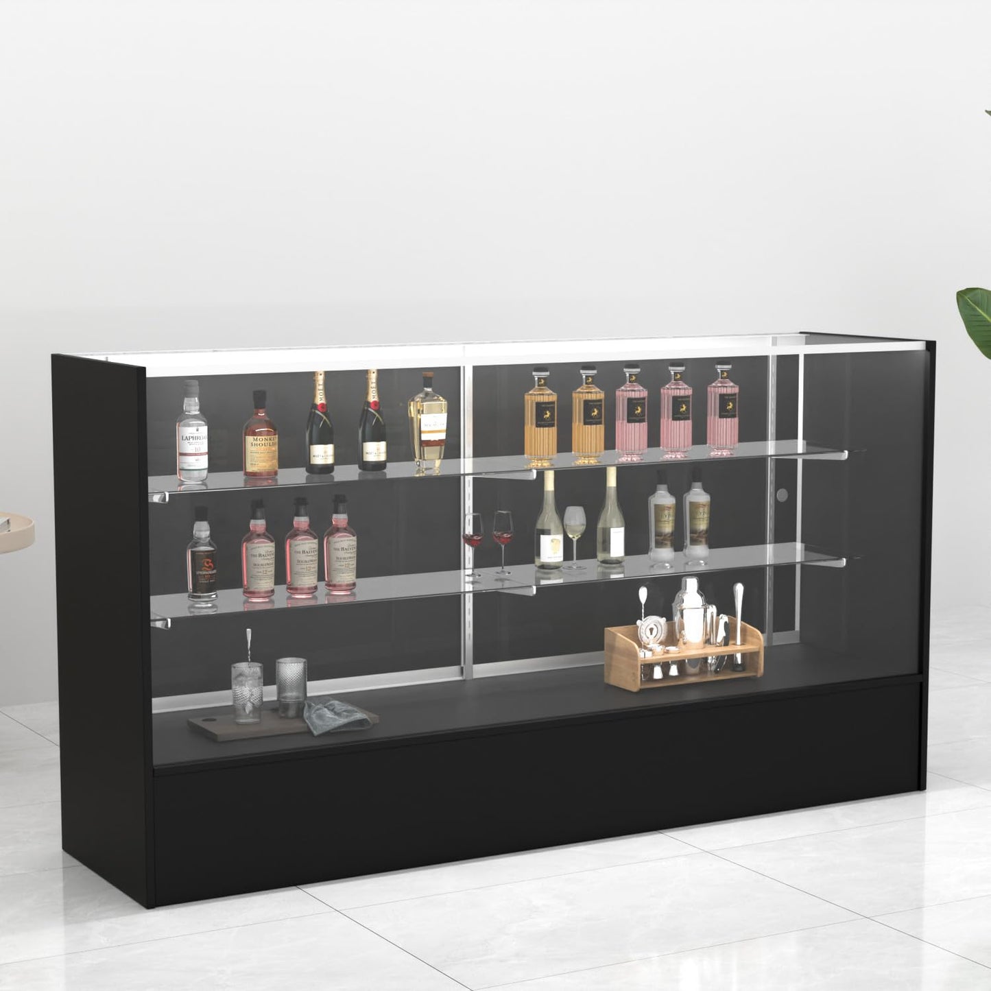 HUZJIEHUI 36" W x 18" D x 38" H - Retail Display Cabinet, Black Wooden Full View Glass Display Cabinet with LED Lights and Glass Shelves