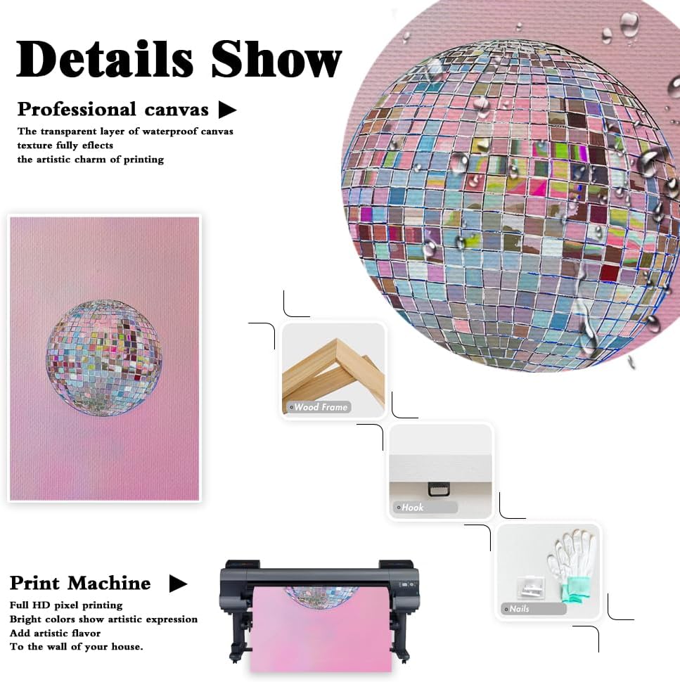 Generic 70s 12x16in Trendy Soft Pink Disco Ball Canvas Wall Art Funky Girl Silver Mirrorball Textured Poster Maximalist