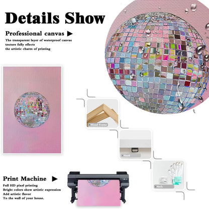 Generic 70s 12x16in Trendy Soft Pink Disco Ball Canvas Wall Art Funky Girl Silver Mirrorball Textured Poster Maximalist