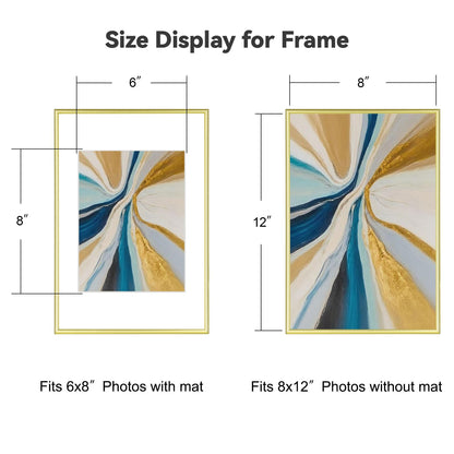 Fkvat 8x12 Picture Frame, Gold Brushed Thin Metal Aluminum Photo Frame with HD Glass, Fit 6x8 with Mat or 8 x 12 without Mat, for Table and Wall, 1 Pack