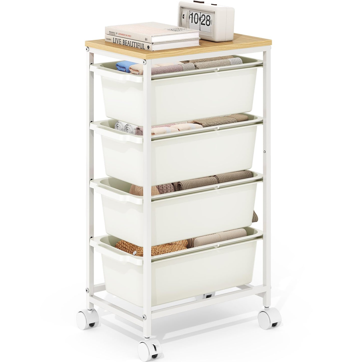 Rolling Storage Cart with 4 Drawers, Craft Organizer, Wooden Tabletop Utility Cart for Bedroom, Children's Room and Office Organization, Table Side Trolley with Lockable Wheels, White