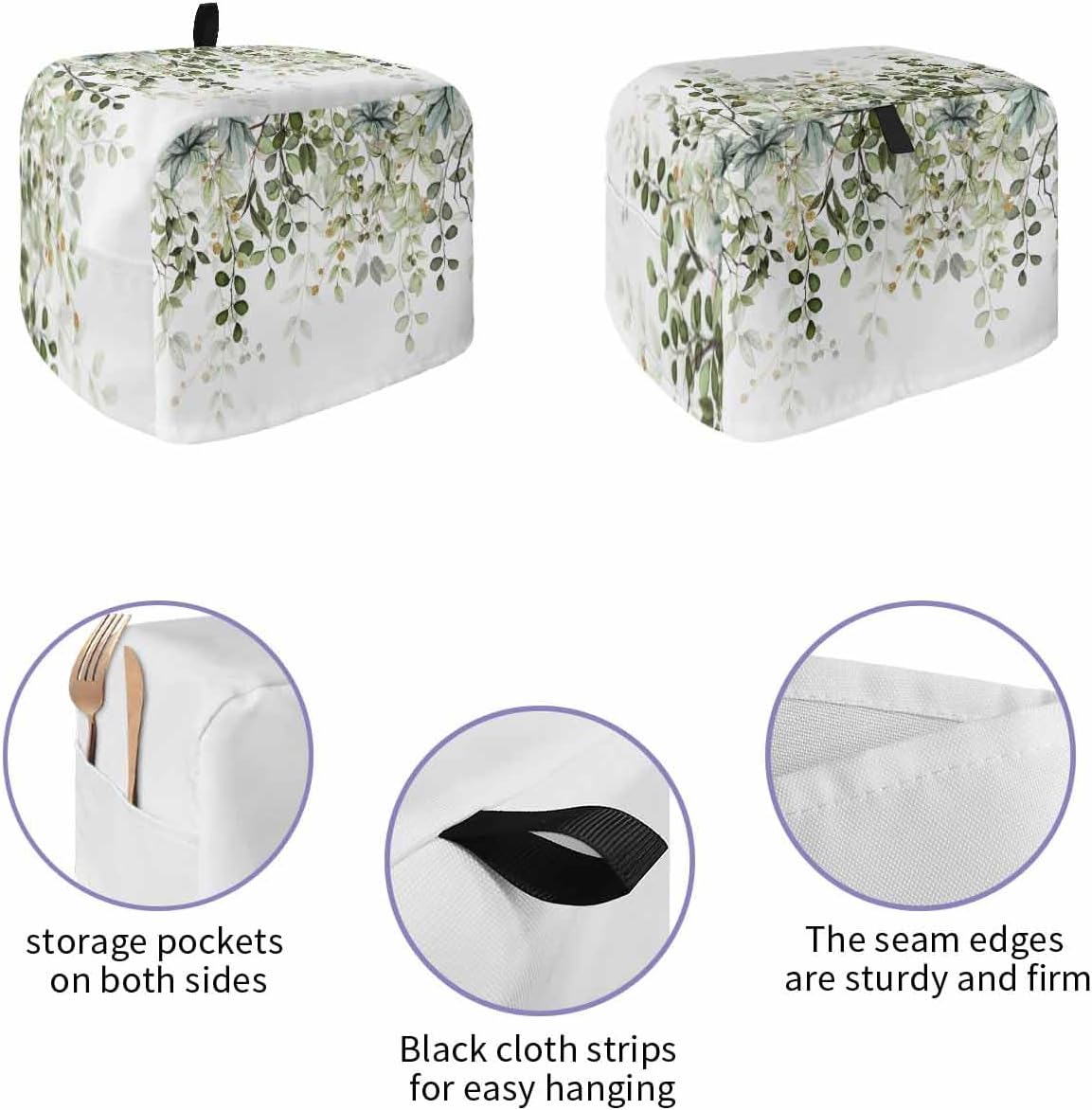 Sage Green Leaves 4 Slice Toaster Cover, Small Appliance Dustproof Fingerprint Protector, Machine Washable Eucalyptus