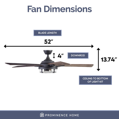 Prominence Home Freyr, 52 Inch Indoor Outdoor LED Ceiling Fan with Light, Remote Control, Dual Mounting Options, 5 Dual Finish Blades, Reversible Motor - 51484-01 (Textured Black)