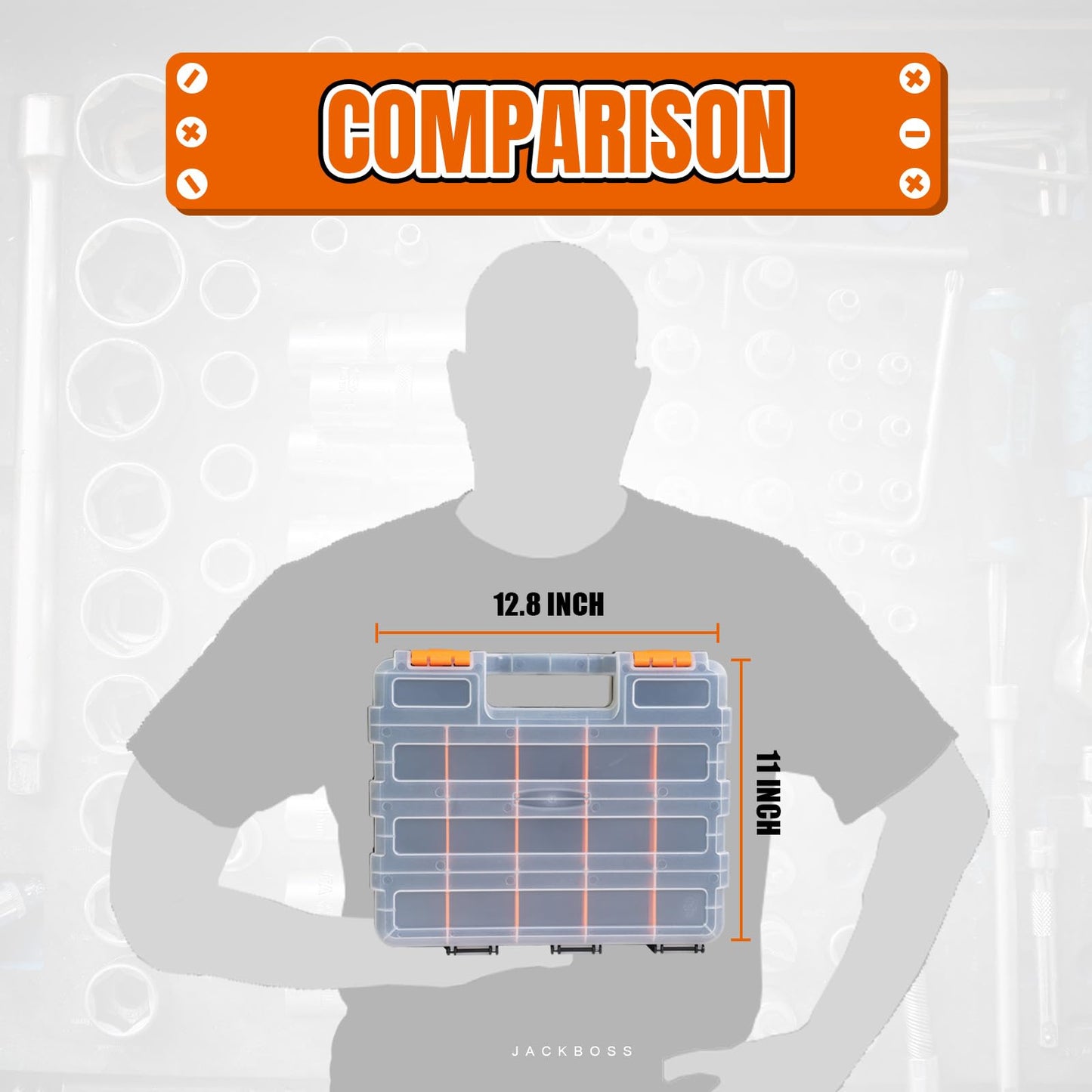 Jack Boss Tool Box with Transparent Lid, Double Side 34-Compartments Organizer Box with Removable Dividers for Hardware, Screws, Bolts, Nails, Beads, Jewelry and Fishing Accessories, Orange, 2 Pack