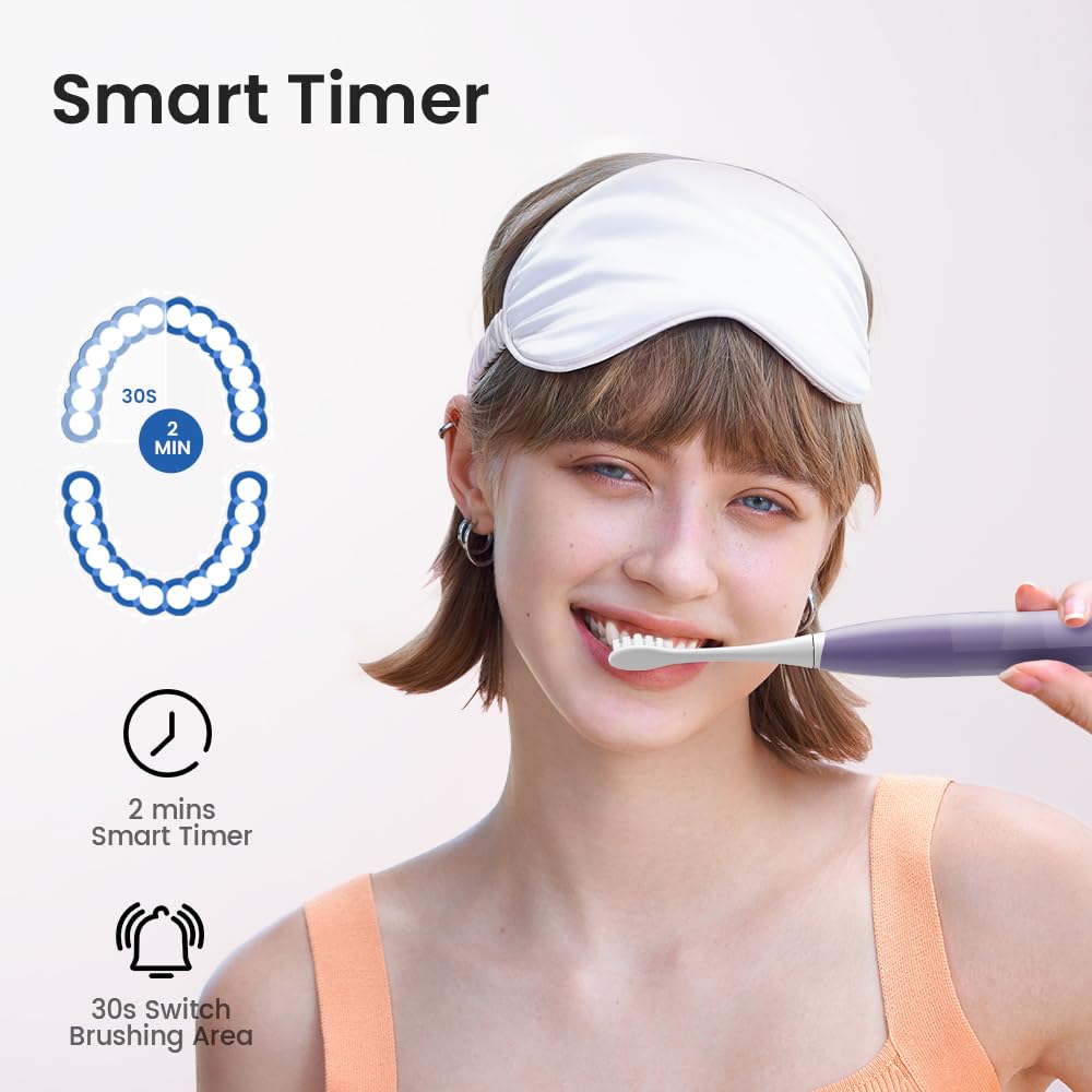 Oclean Electric Toothbrush for Adults, 150 Days Battery Life Electric Toothbrush, USB Rechargeable Sonic Travel Toothbrush with 6 Brush Heads & Travel Case, 5 Modes and Smart Timer, Purple