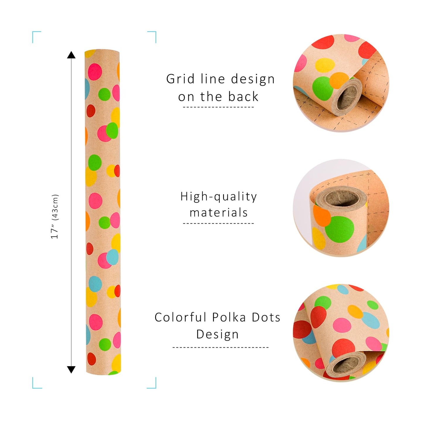 BIOBROWN Kraft Wrapping Paper Roll Colorful Polka Dots Design Perfect for Birthday Holiday Wrap 17 inch X 33 feet