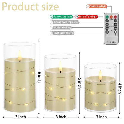 Flameless Candles, Battery Operated LED Candles with Remote and Timer Flickering Flameless Candle for Romantic Ambiance and Home Halloween Decor Durable Acrylic Shell with Embedded Star String
