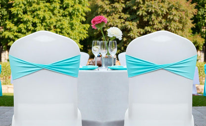 Pack 10 VDS of PCS | Aqua Blue| Spandex Chair Sashes Bows Without Buckle | Stretch Elastic Banquet Universal Folding