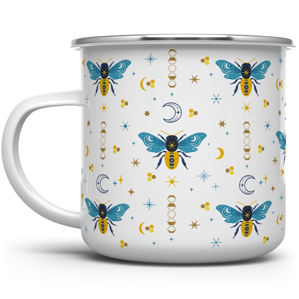 Celestial Bee Pattern Enamel Camping Coffee Mug, Honeycomb Moon Stars Gift Cup for Friends and Coworkers