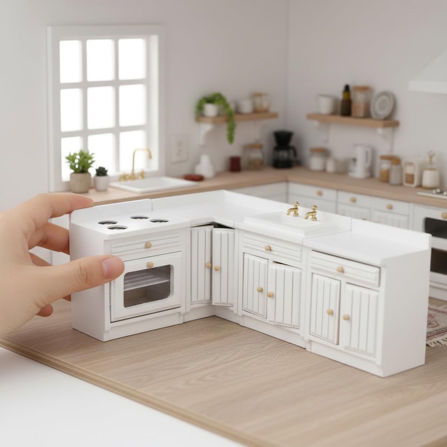 Miniature Furniture Dollhouse Kitchen Cabinets Set 1:12 Scale Wooden Model Freely Combined 4PCS Mini House Accessories Furnishings Kit Decoration Gift (White)