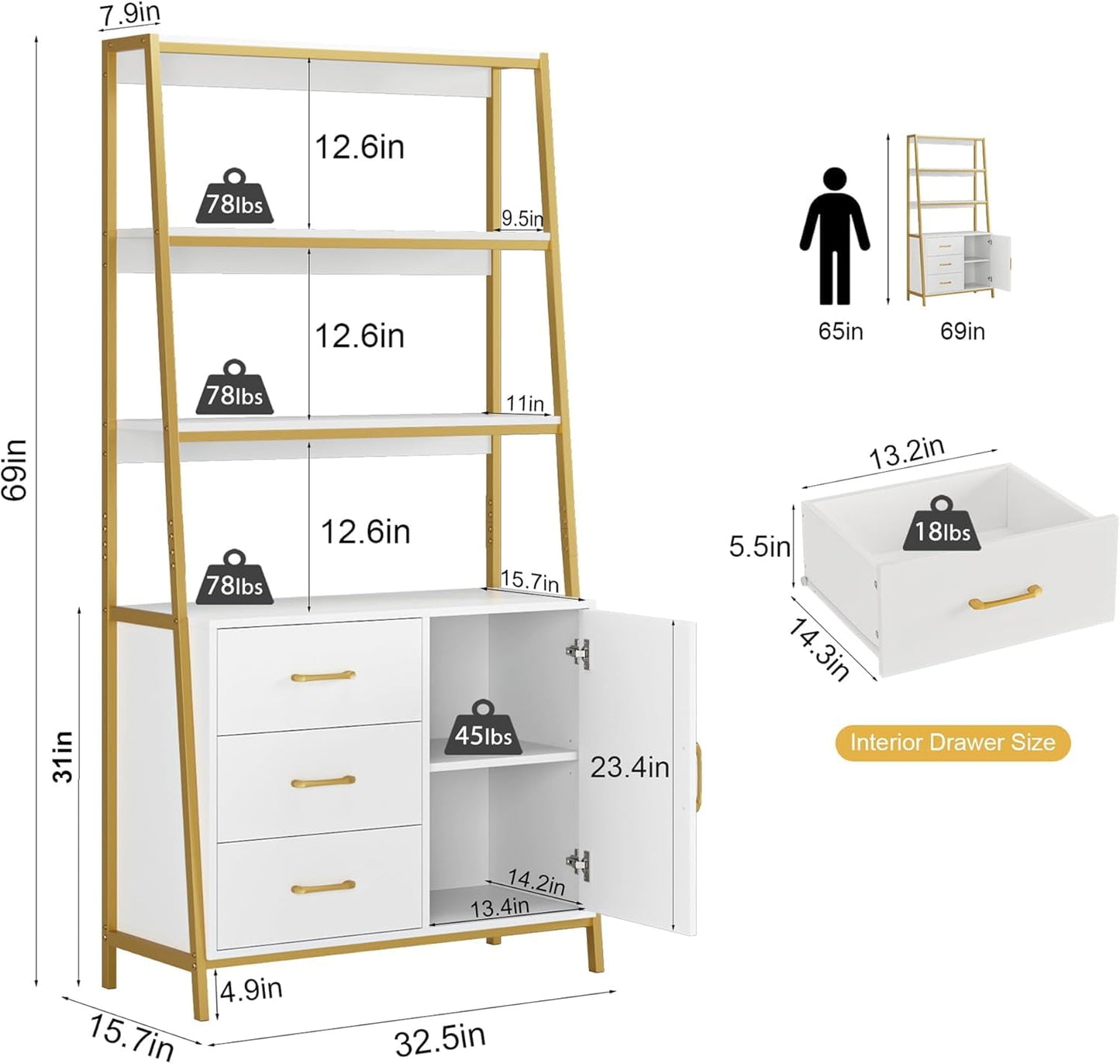 HITHOS Tall Bookshelf, Industrial Console Table with Drawers and Ladder Shelves, Free Standing Storage Cabinet Kitchen Bakers Rack with Microwave Oven Stand for Home Office, White Gold