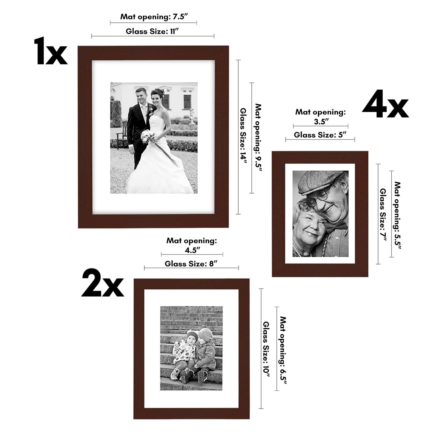 Americanflat Set of 7 Picture Frames with Shatter-Resistant Glass - Gallery Wall Frame Set with One 11x14, Two 8x10 and Four 5x7 Frames - Signature Collection - Mahogany
