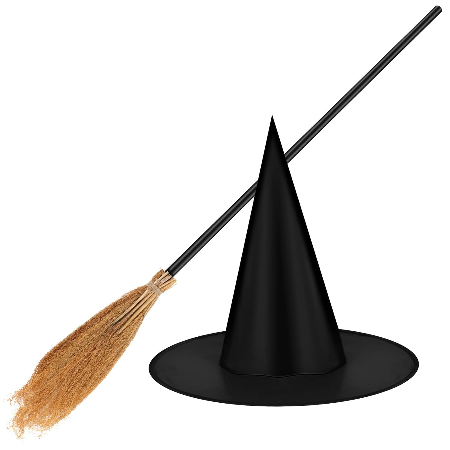 Jetec Halloween Witch Broom Hat Set Black Hat with 39.4 Inch Broom Realistic Wizard Witch for Halloween Party Cosplay Props Costume Accessories