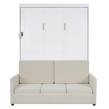 Ball & Cast Murphy Bed Full Size Wall Bed with Sofa,can be Folded,Multifunctional Wood Hideaway Cabinet Bed Frame,Slat Support,Save Space,for Apartment,Guest Room,White