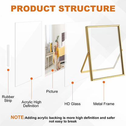 WOPPLXY 5 "x 7" Gold Floating Frames Set of 3, Pressed Glass Floating Frames, Vertical Adjustable Tabletop/Shelf Photo Frame, Gold Floating Picture Frame for 4 x 6,3 x 5 Photo Tabletop Display