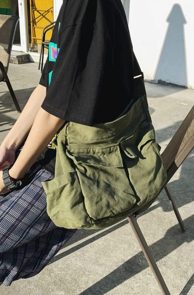 Women Men Crossbody Shoulder Bag Large Hobo Bag with Multiple Pockets Canvas Messenger Tote Bag for Women and Men