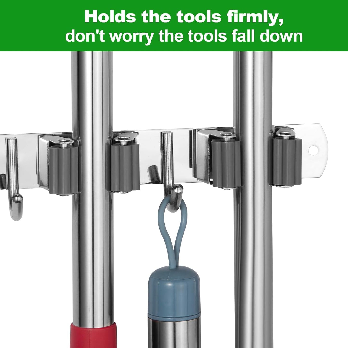 Voze Mop and Broom Holder - 3 Racks & 4 Hooks | Heavy-Duty Wall Mount Organizer for Home & Garage