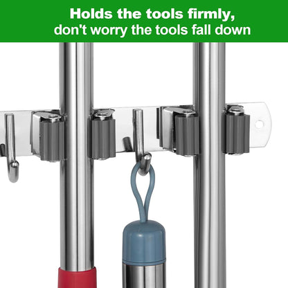 Voze Mop and Broom Holder - 3 Racks & 4 Hooks | Heavy-Duty Wall Mount Organizer for Home & Garage