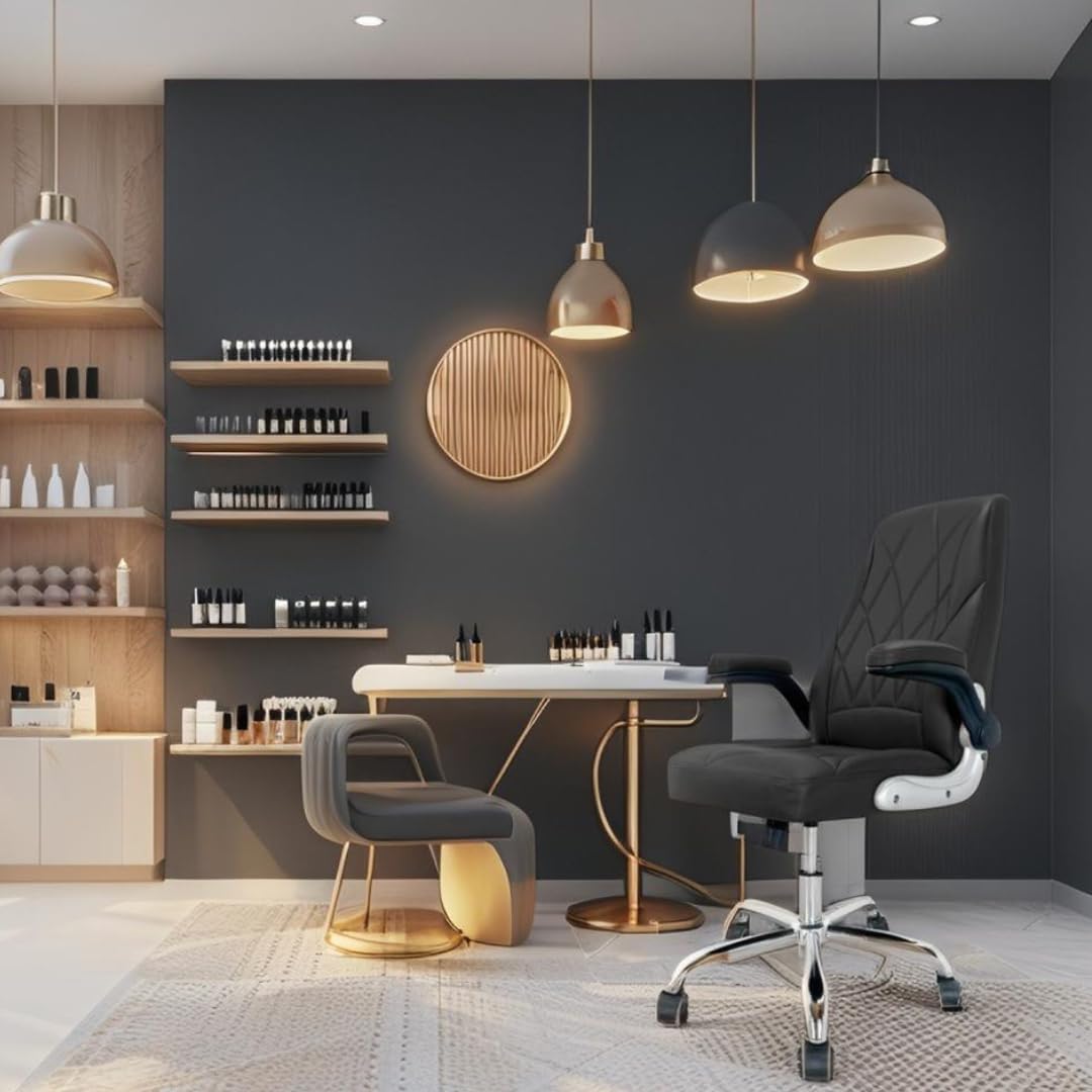 Venus Manicure Table Fan and Chair Set – Modern LED Nail Station Desk with Technician & Customer Chair, Ergonomic Design, Black & White Finish (Grey, Black)