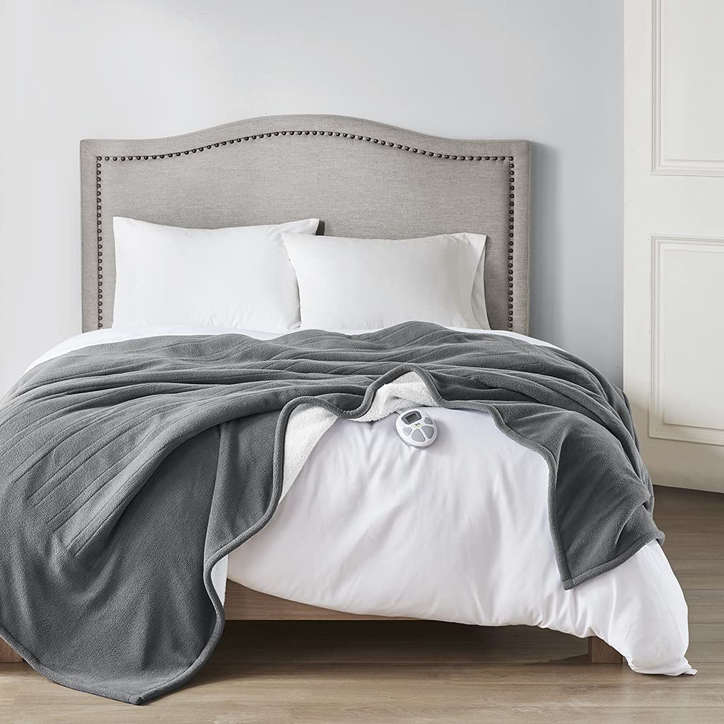 Serta Heated Blanket - Reversible Fleece to Sherpa Electric Blanket, Fast Heating, Auto Shut Off Timer, Multi Heat Setting, ETL Certified, Machine Washable, Grey Full 84"x 77"