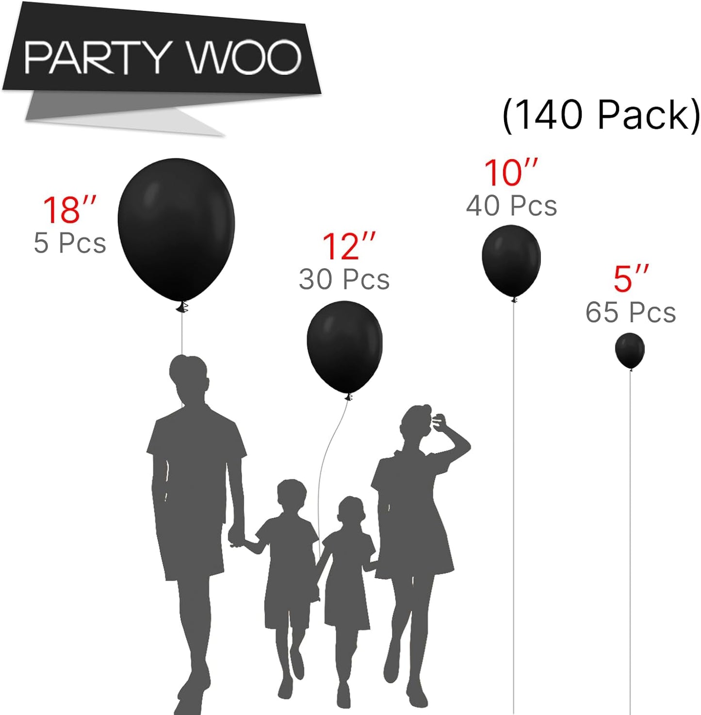 PartyWoo Black Balloons - 140-Piece Arch Kit with Various Sizes for Baby Showers & Parties | Black