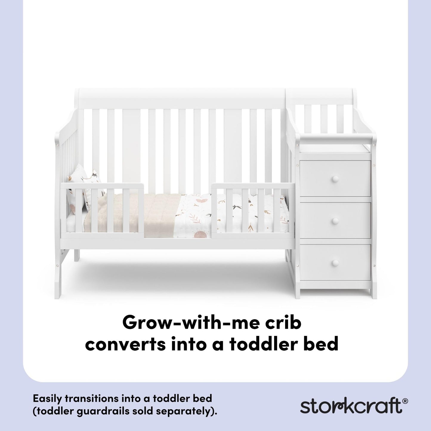 Storkcraft Portofino 5-in-1 Convertible Crib and Changer – Crib and Changing Table Combo with Drawer, Converts to Toddler Bed, Daybed and Full-Size Bed, Storage Drawer (White)