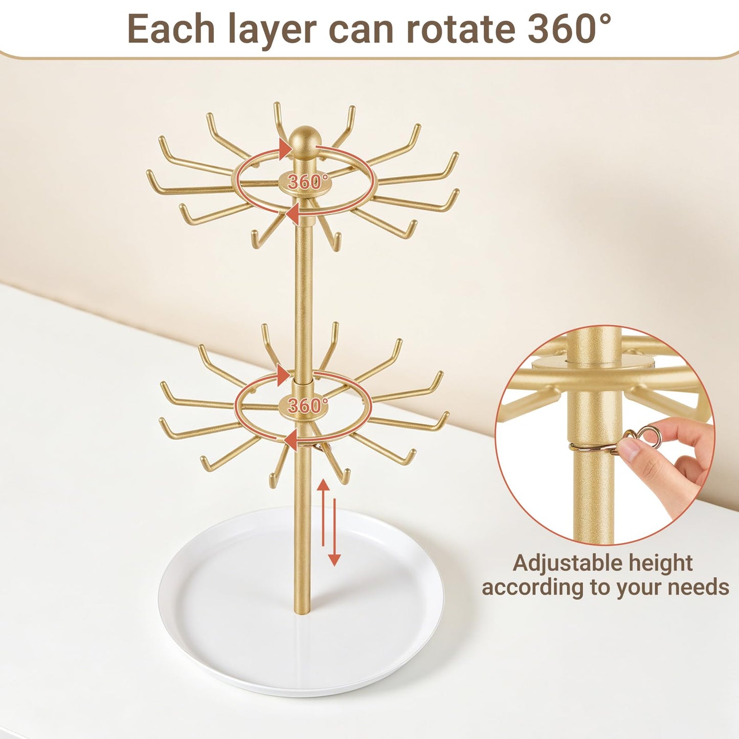 Mkono Bracelet Holder Gold Metal Rotating Bracelet Display Stand 2 Tier Jewelry Organizer with 24 Hooks and Wood Tray Adjustable Tree Stand Tower Rack for Storage Selling KeyChain Bangle Accessories