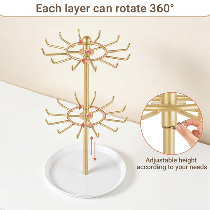Mkono Bracelet Holder Gold Metal Rotating Bracelet Display Stand 2 Tier Jewelry Organizer with 24 Hooks and Wood Tray Adjustable Tree Stand Tower Rack for Storage Selling KeyChain Bangle Accessories