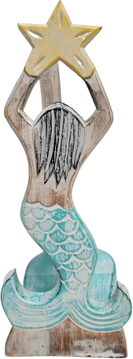 WorldBazzar Hand Carved Mermaid Star Fish Paper Towel Holder Wood Carving Nautical Statue Kitchen Gadget Sculpture