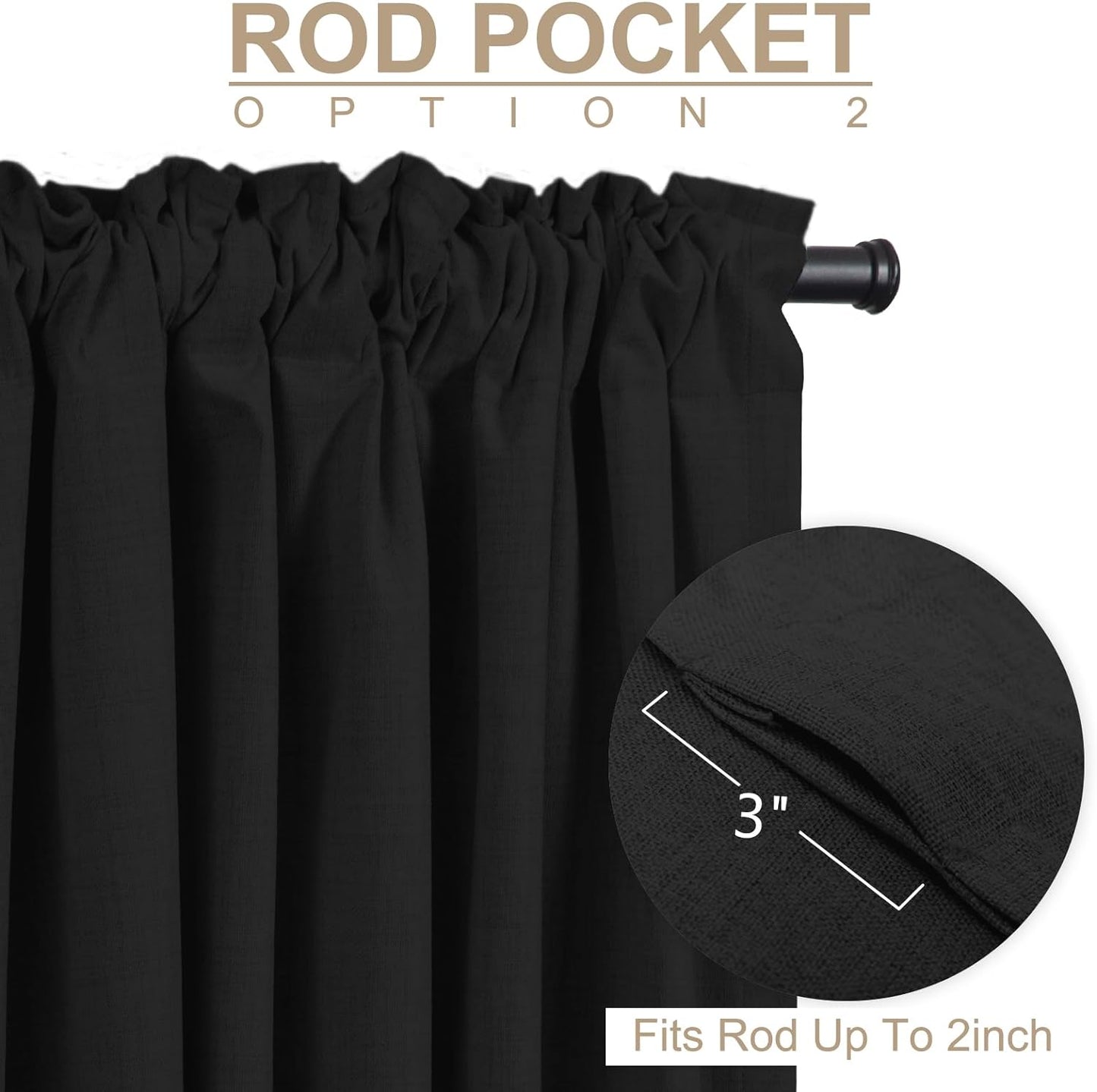 Skiennix Blackout Curtains - 100% Blackout Linen Drapes, Thermal Insulated, 50" W x 84" L, Black - 2 Panels Set