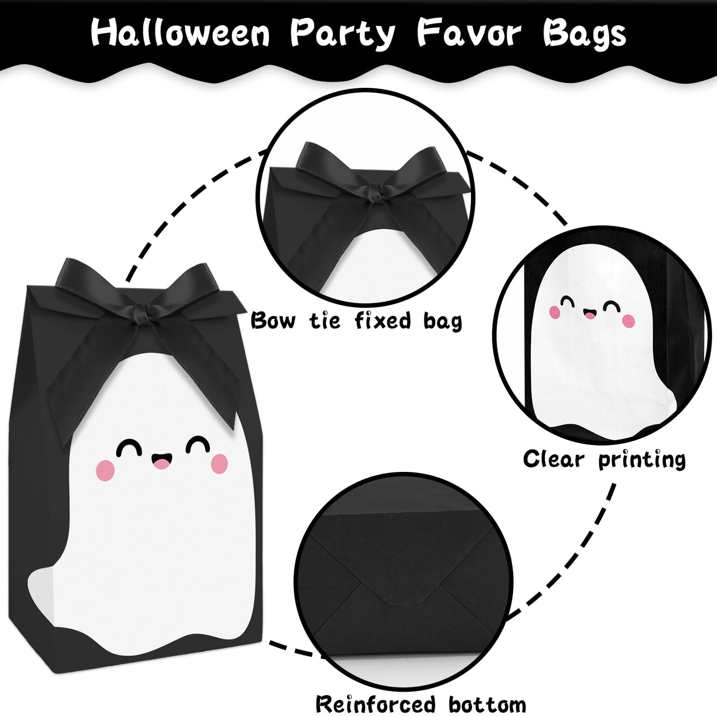 JarThenaAMCS 24Pcs Halloween Party Favor Bags Little Boo Ghost Paper Gift Bags with Black Pink Ribbon Bows Candy Goodie Treat Bag for Birthday Baby Shower Party Supplies