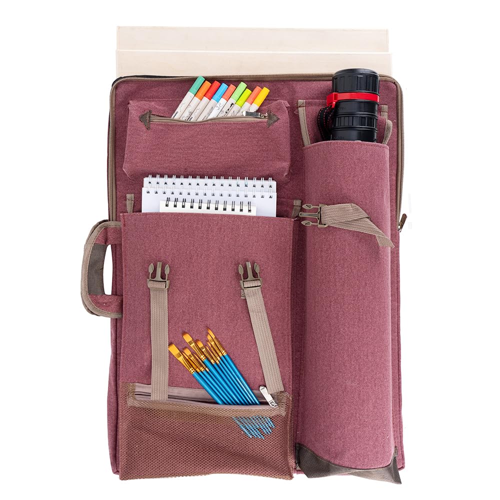 TRANSON Art Portfolio Case Artist Backpack Canvas Bag Large 26” x 19.5” Brownish Red